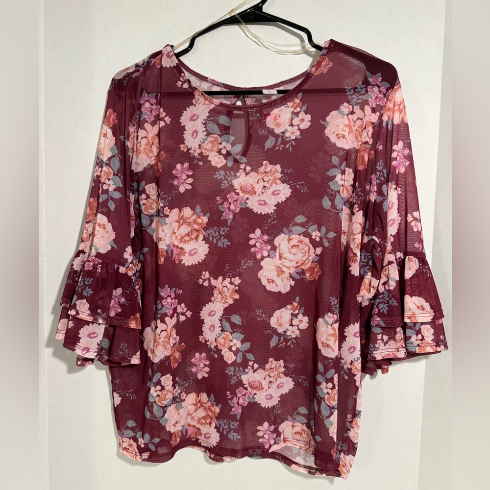 NOBO No Boundaries Floral Mesh XL  Burgundy Sheer Ruffle Stretch